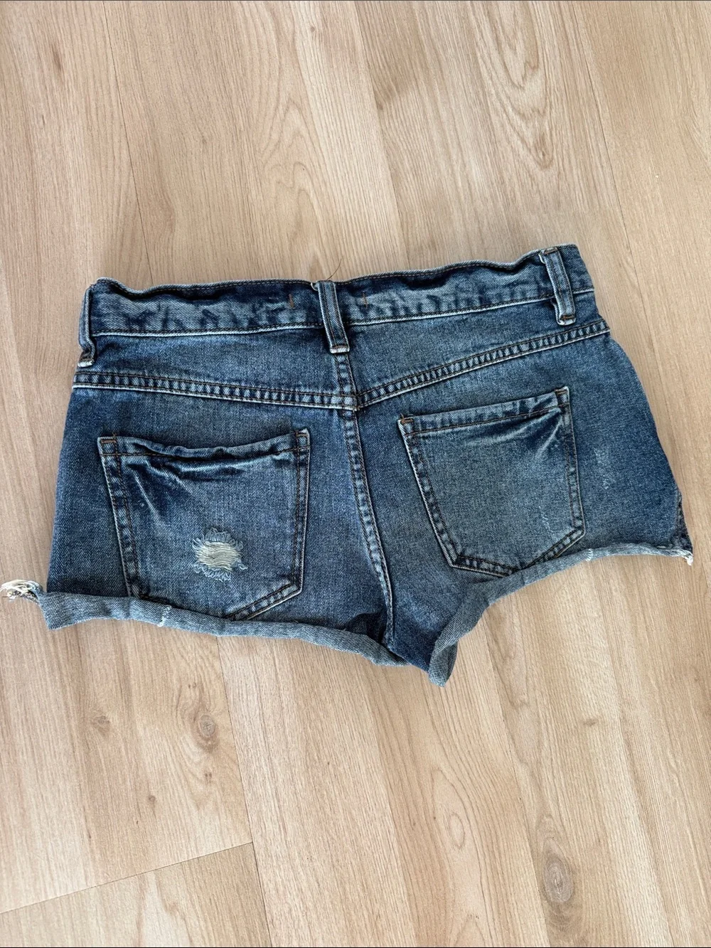 Free People Dark Blue Distressed Button-Front Denim Shorts